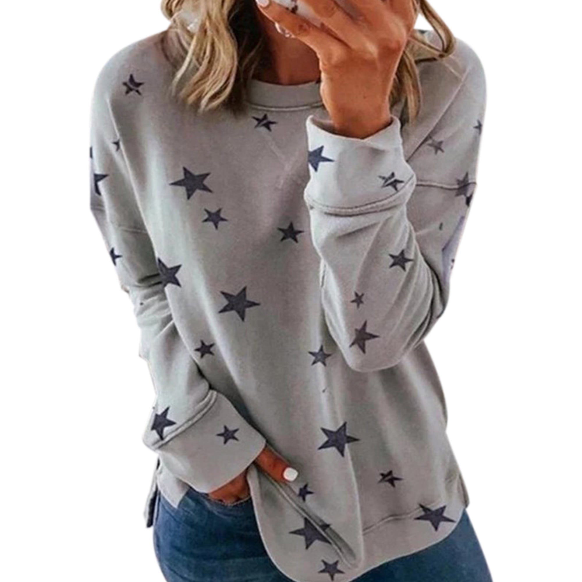 Womens Star Pullover Long Sleeve Round Neck T-shirt Ladies Casual Blouse Tops UK 